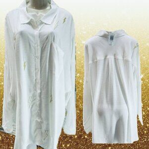 Torrid XL White Sheer Button Embroidered Lightning Bolt Accent Long Sleeve Shirt